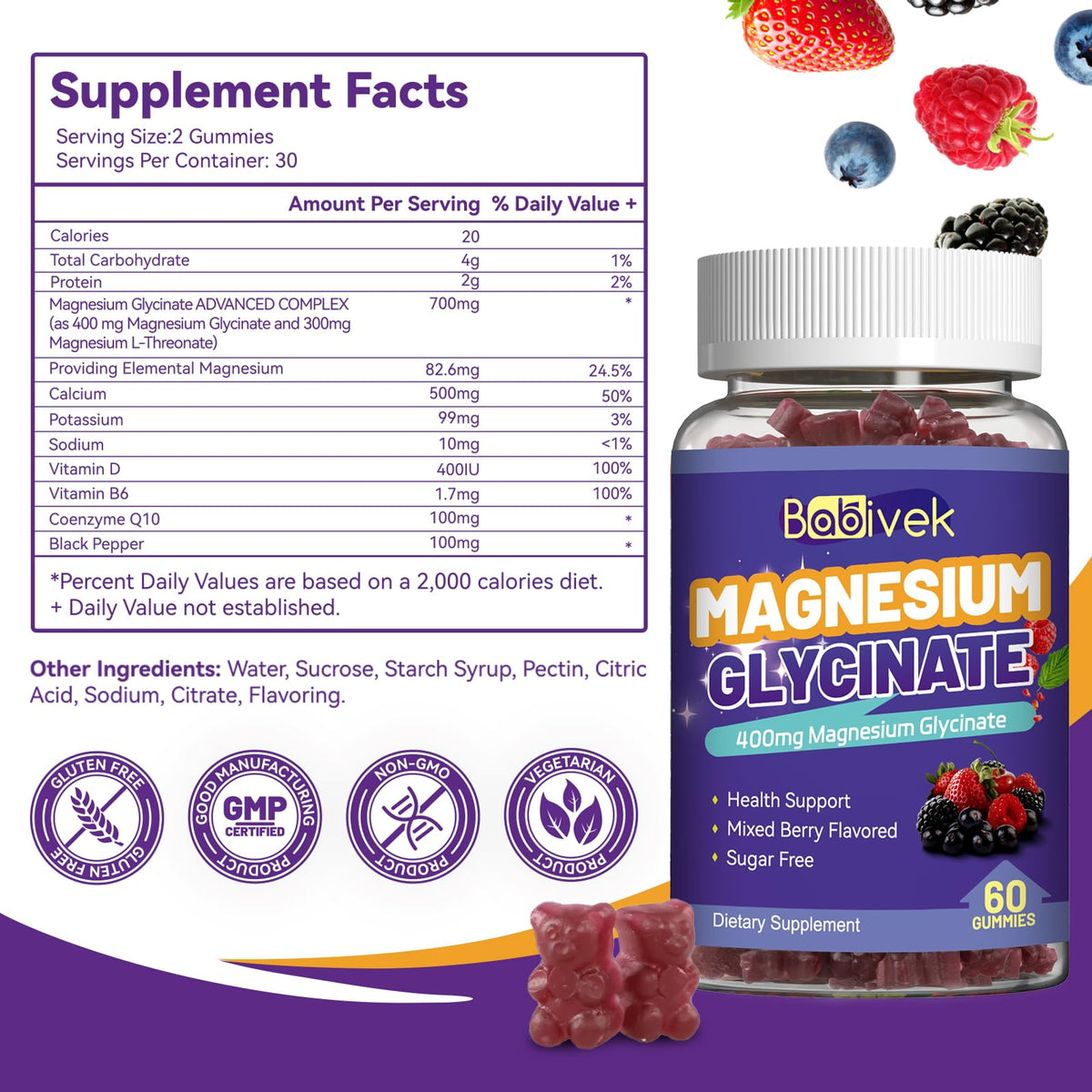 Gummies de glycinate de magnésium Babivek sur une table en bois