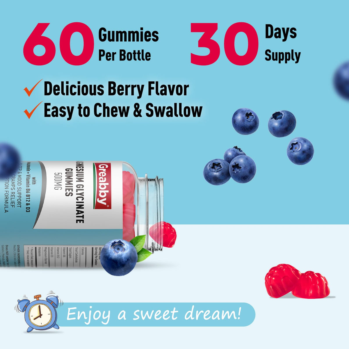 Gummies de glycinate de magnésium GREABBY, goût myrtille