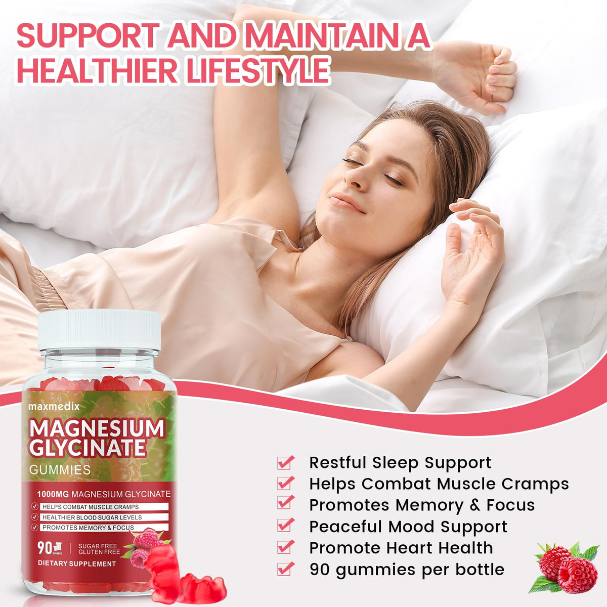 Gummies de Glycinate de Magnésium maxmedix à côté d'autres fruits