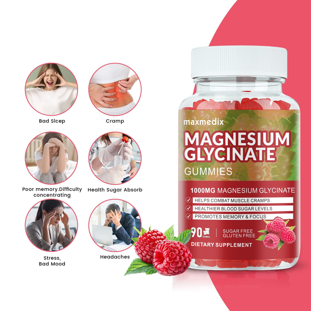 Gummies de Glycinate de Magnésium maxmedix avec une framboise