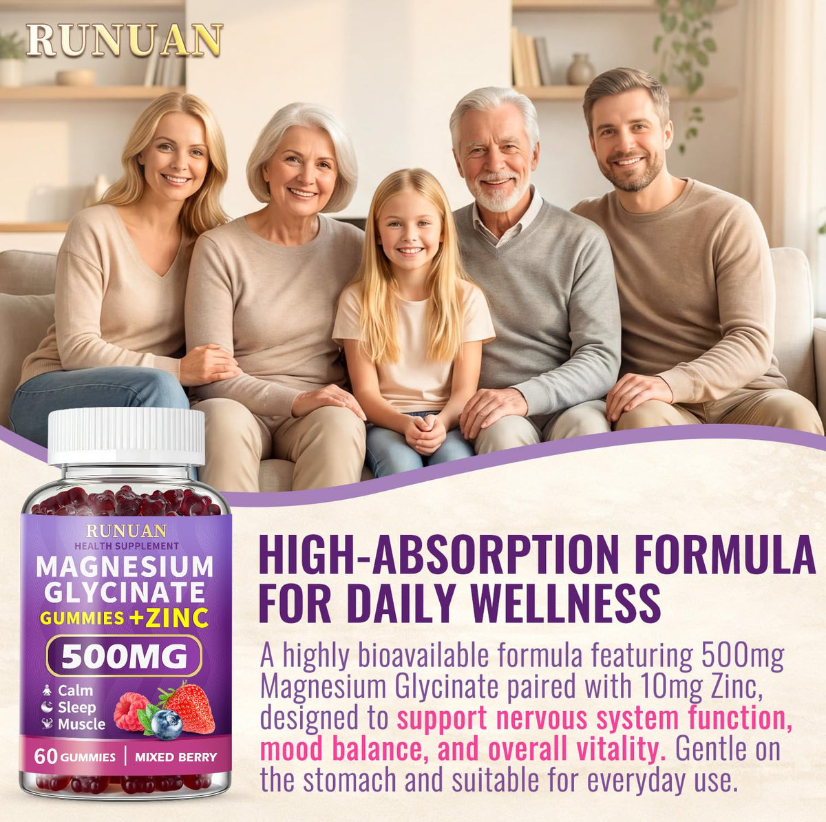 Gummies de Glycinate de Magnésium RUNUAN 500mg, goût baies mélangées
