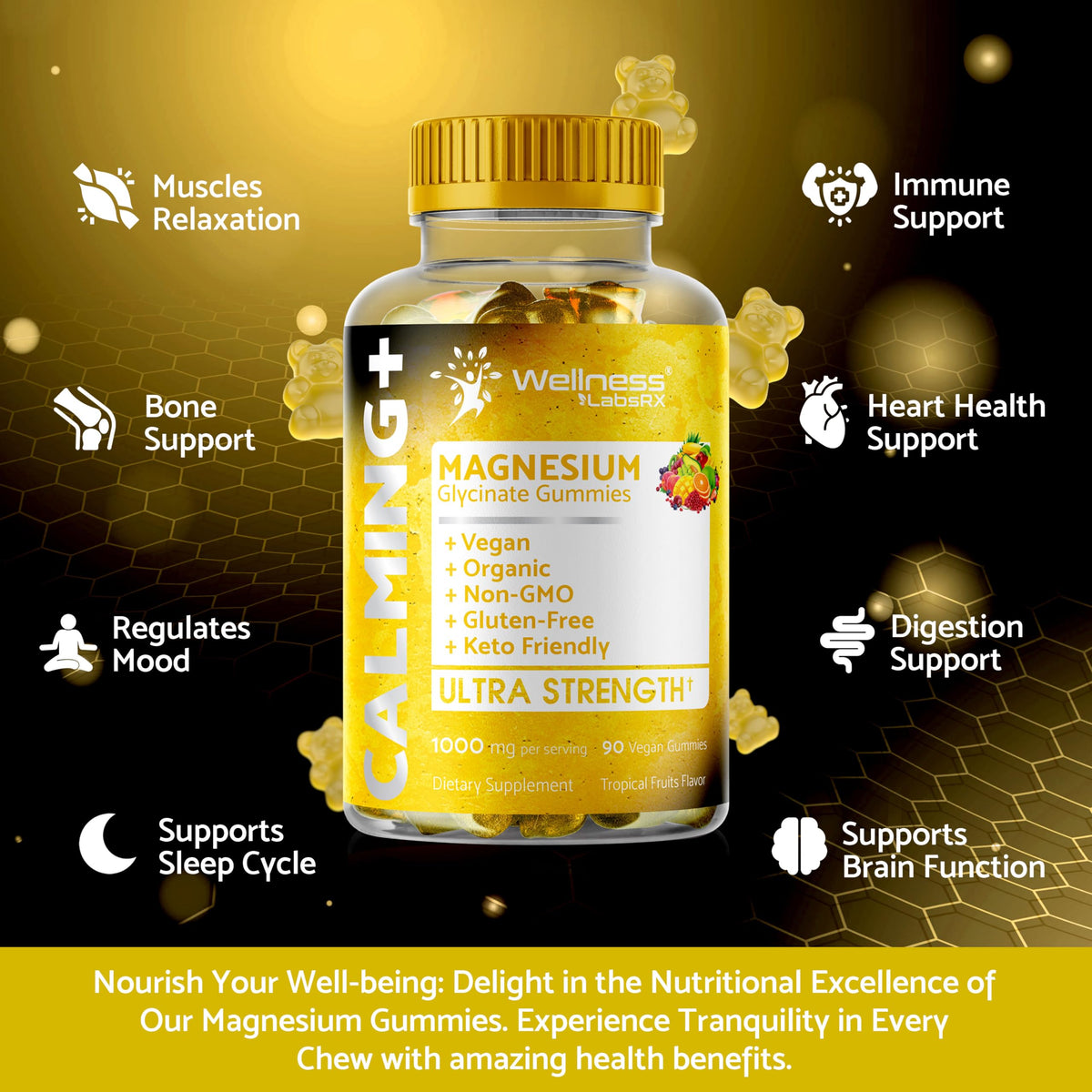 Gummies de Glycinate de Magnésium WELLNESS LABSRX sur une table en bois