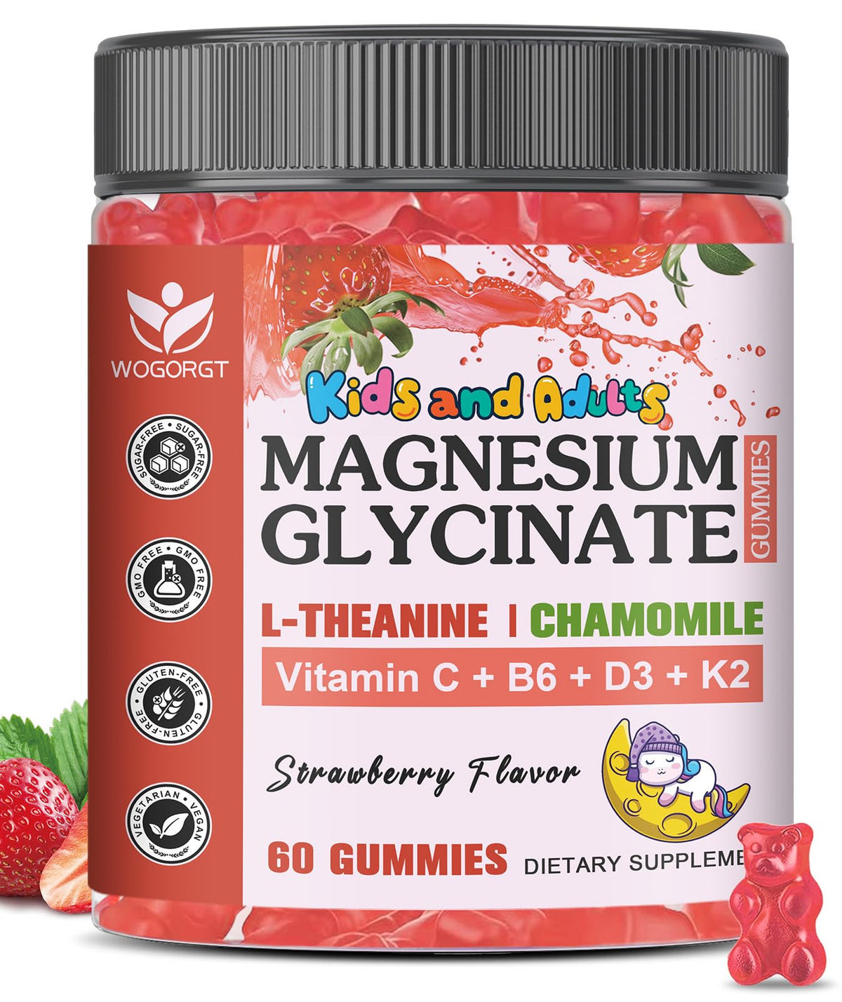 Gummies de glycinate de magnésium WOGORGT 60Ct vue de face