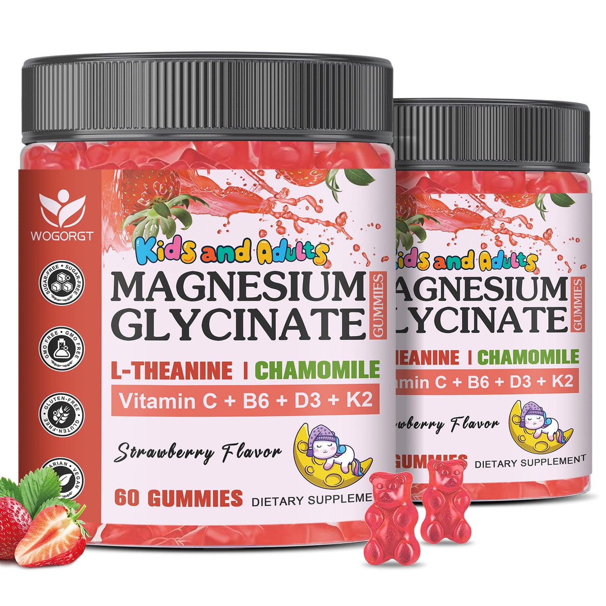Gummies de glycinate de magnésium WOGORGT en pot, 60 unités