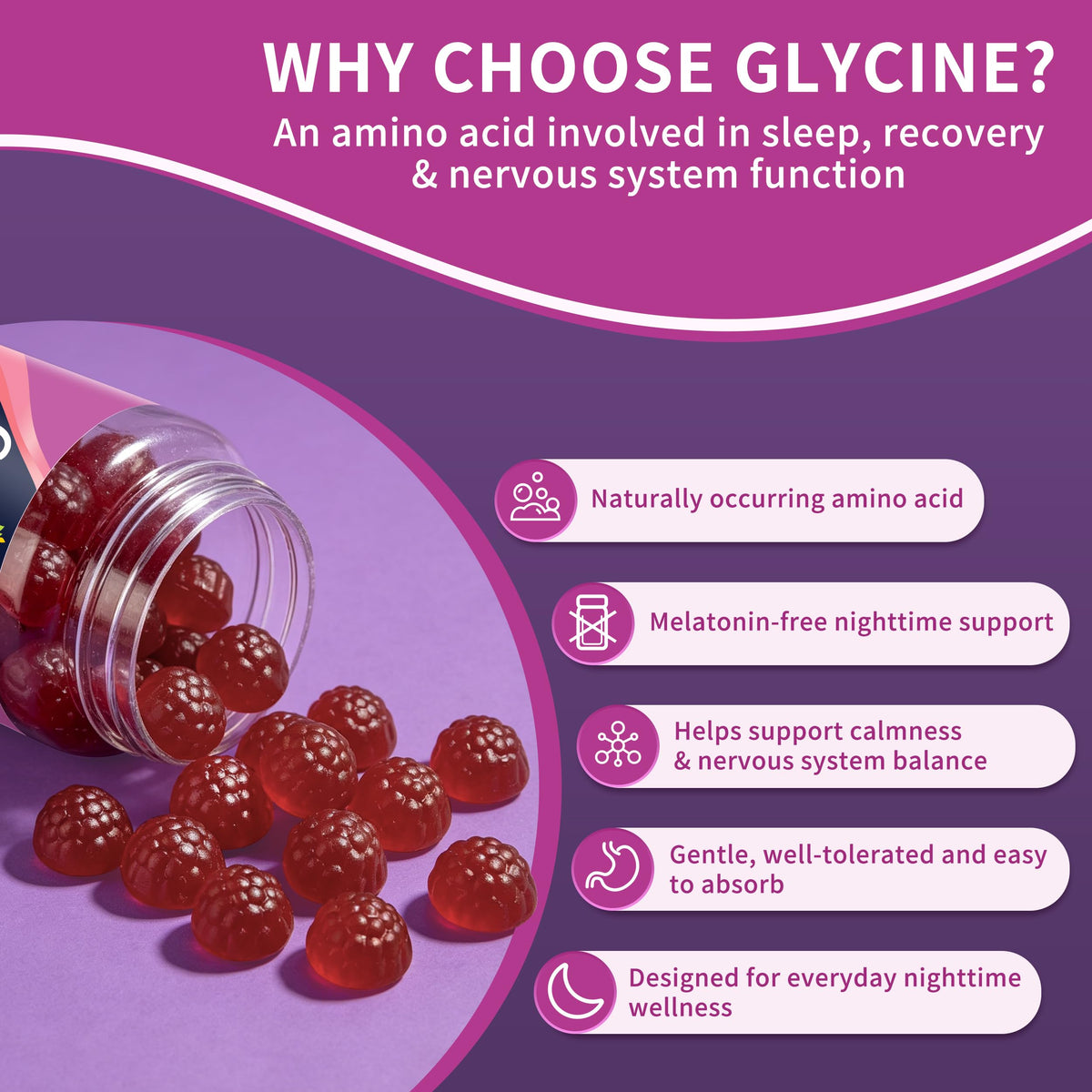 Gummies de glycine PureBalm, texture et couleur