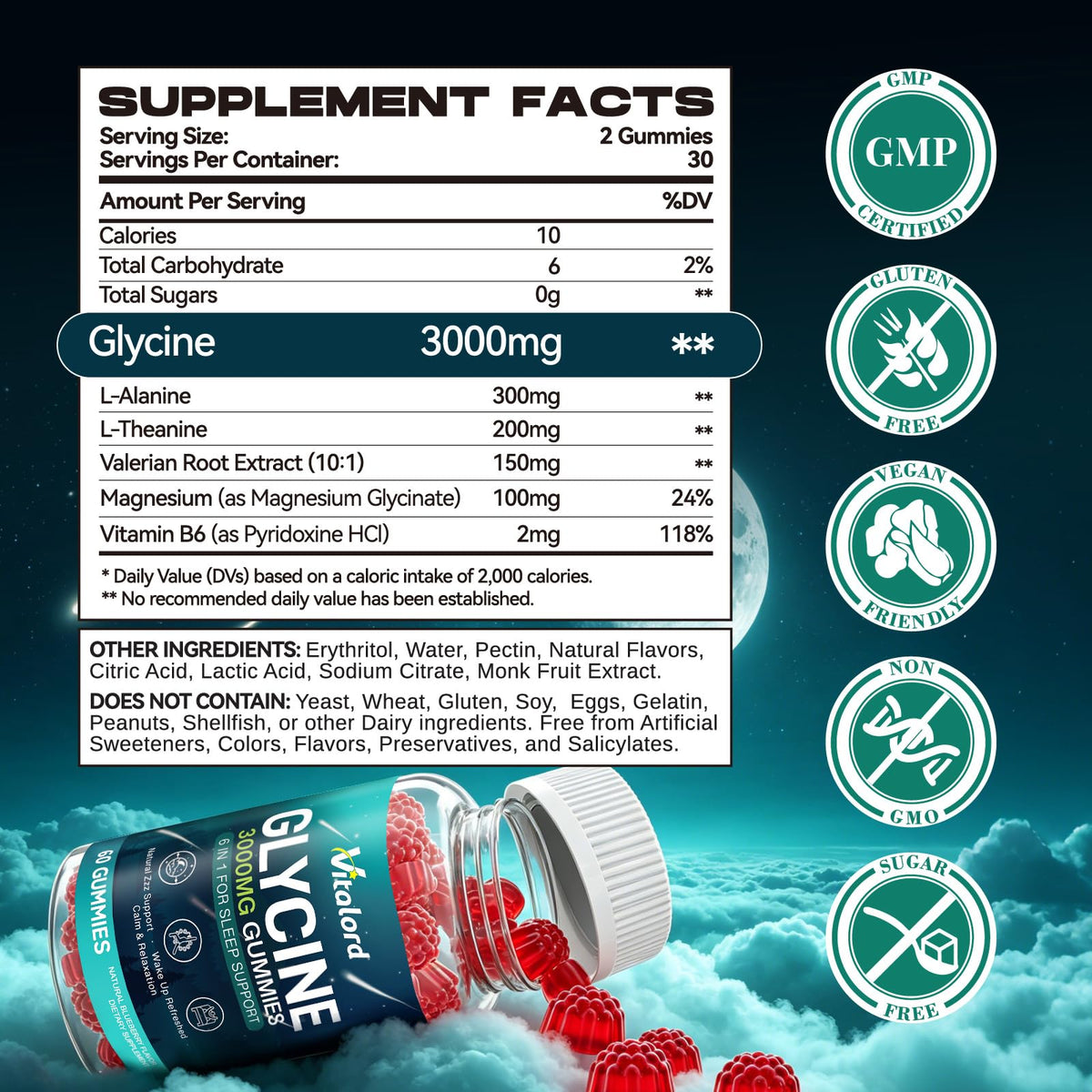 Gummies de glycine Vitalord avec goût myrtille en gros plan