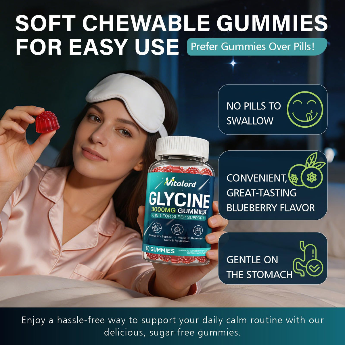 Gummies de glycine Vitalord présentés sur un fond blanc