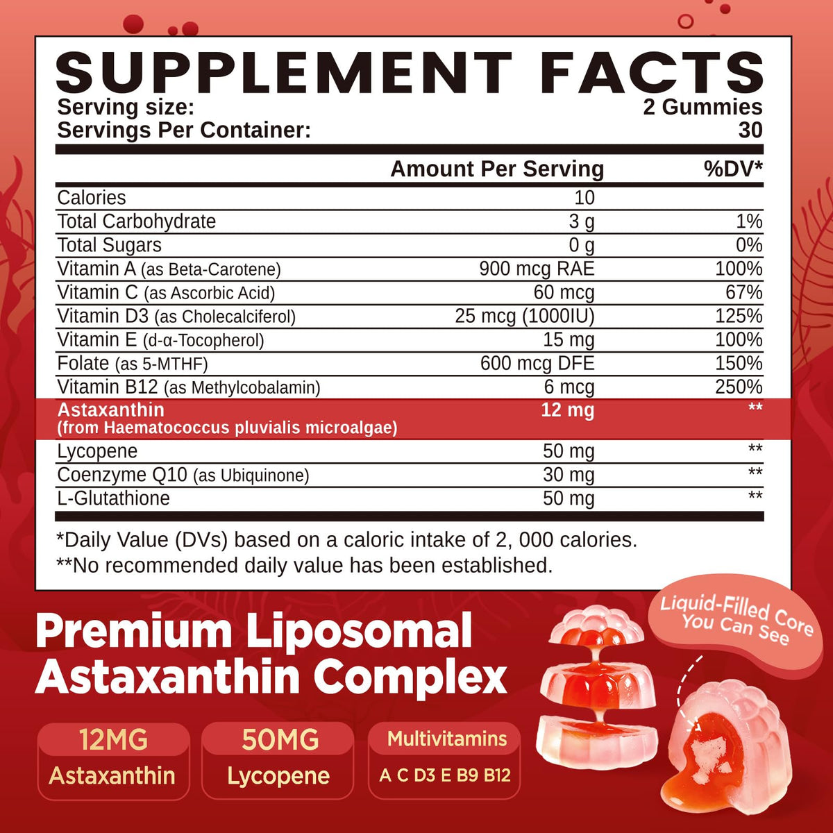 Gummies de liposomal astaxanthine 12mg duwhot, détails des ingrédients