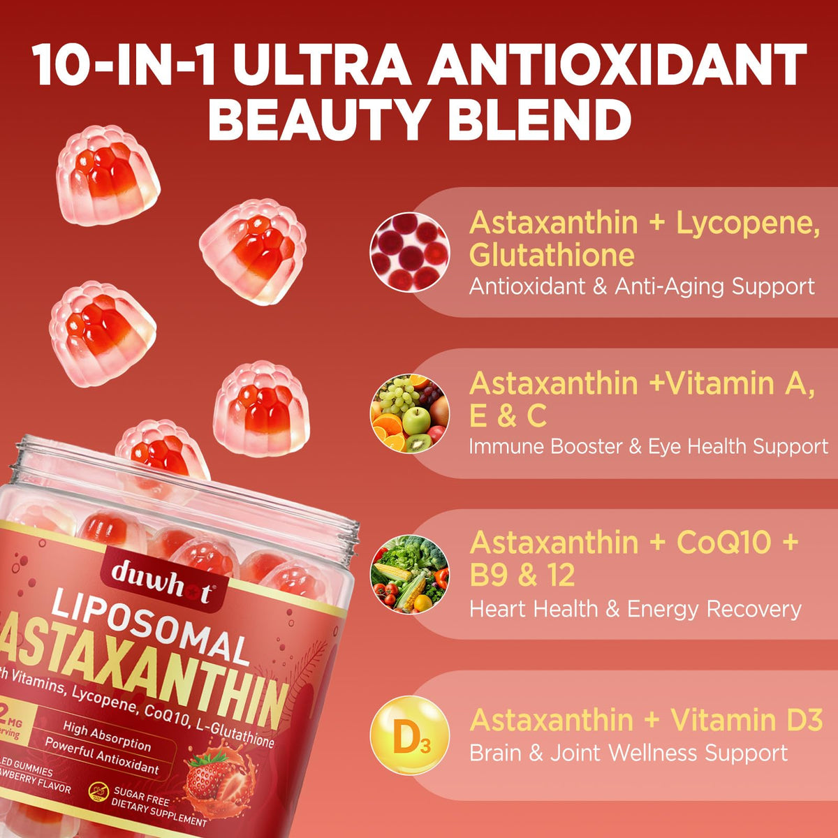 Gummies de liposomal astaxanthine 12mg duwhot, emballage avec étiquette
