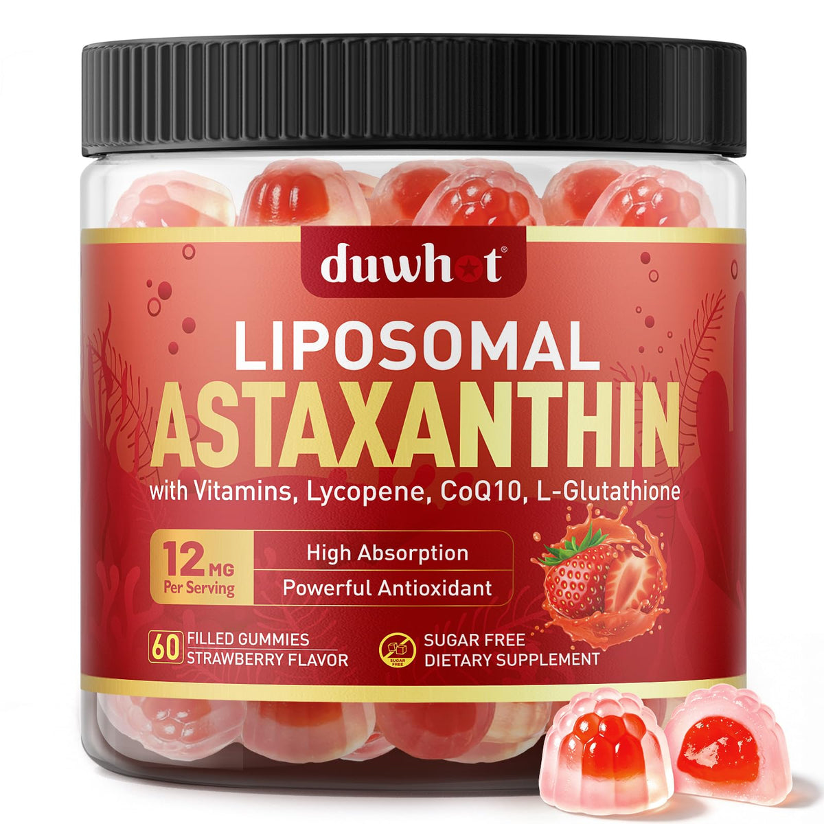 Gummies de liposomal astaxanthine 12mg duwhot, vue de face