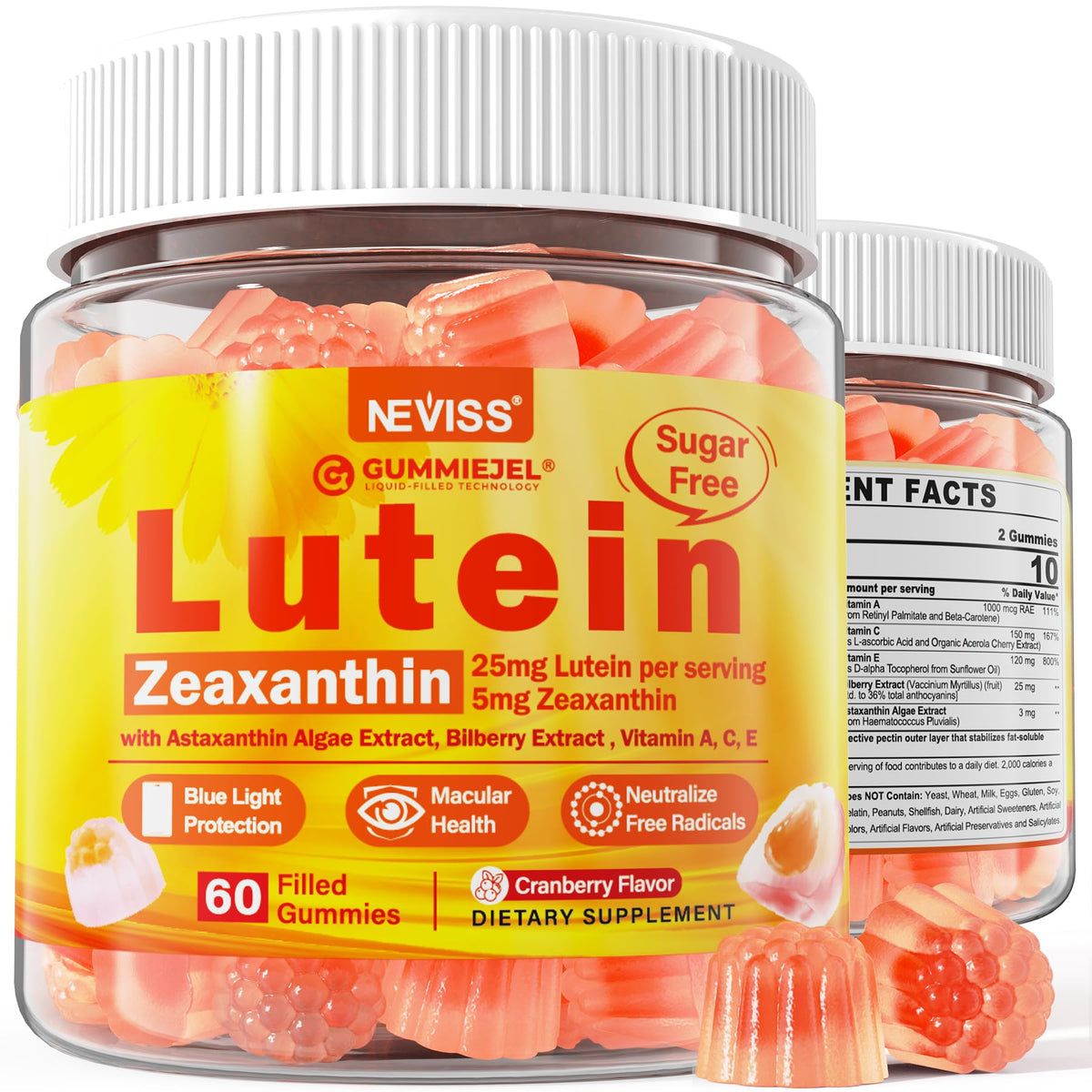 Gummies de lutéine NEVISS en pot avec couvercle transparent