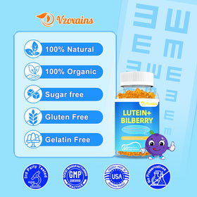 Gummies de Luthéine et Zéaxanthine sur une table avec verre d'eau