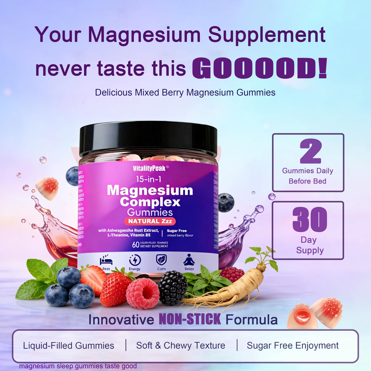 Gummies de Magnésium 400mg VitalityPeak montrant l'étiquette et les ingrédients