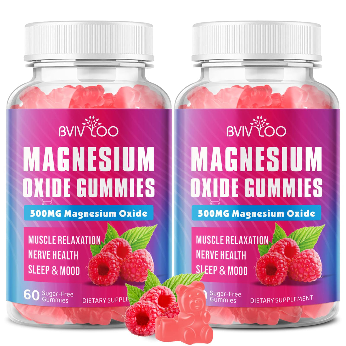 Gummies de Magnésium 500mg BVIVLOO, paquet avant avec framboises