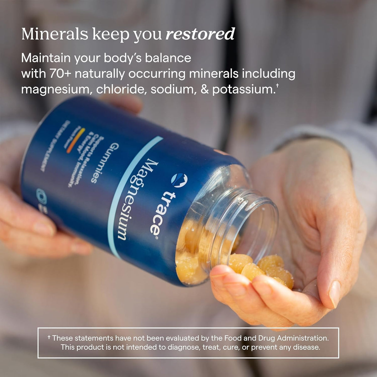 Gummies de Magnésium à la Pêche Trace Minerals, présentation sur une table