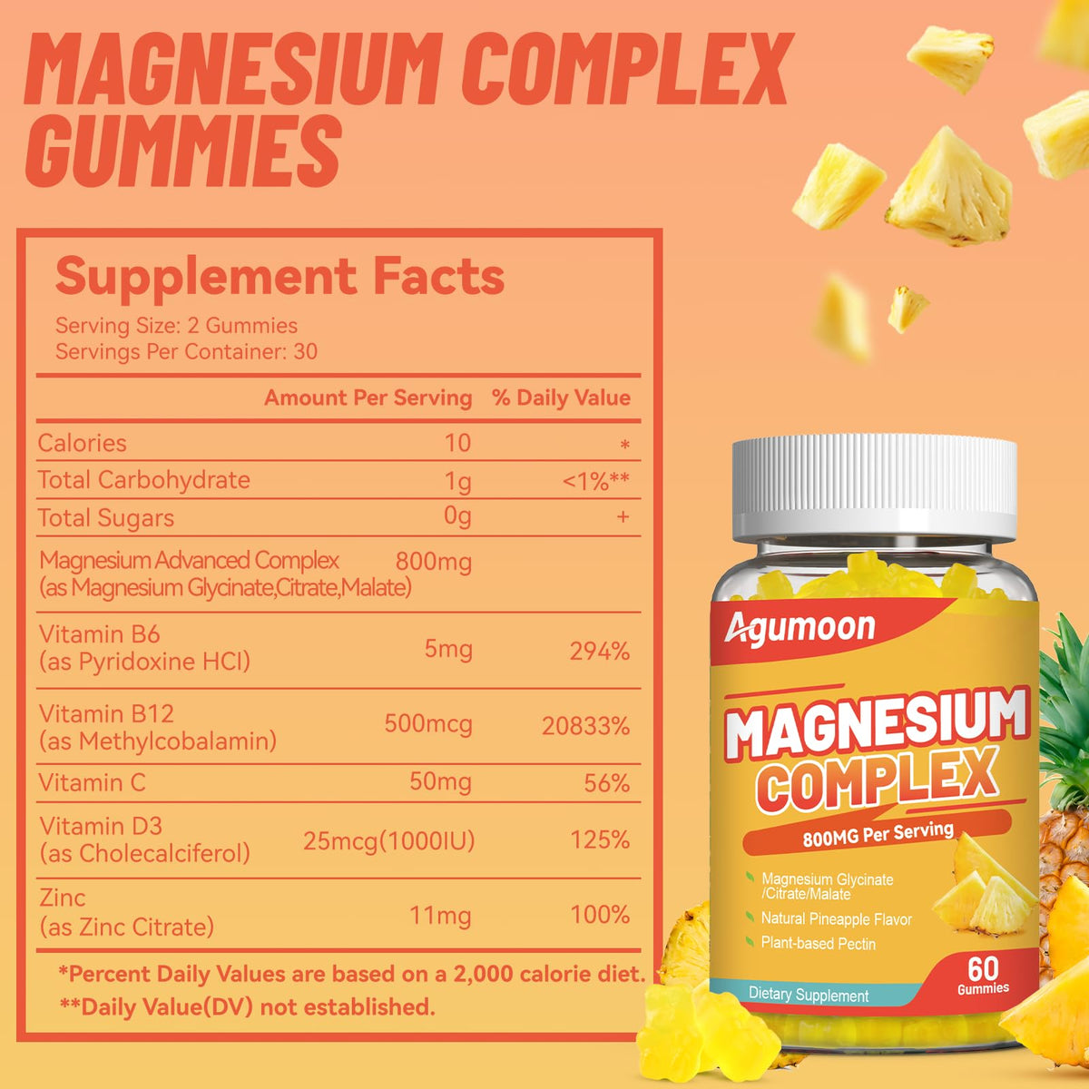 Gummies de magnésium Agumoon en forme de gomme ananas sur fond blanc