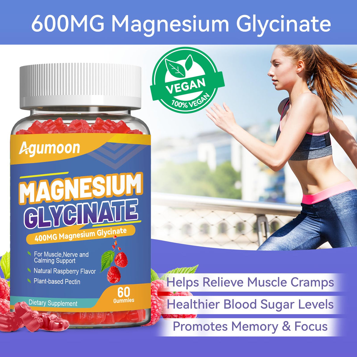 Gummies de Magnésium Agumoon, présentation avec des fruits frais