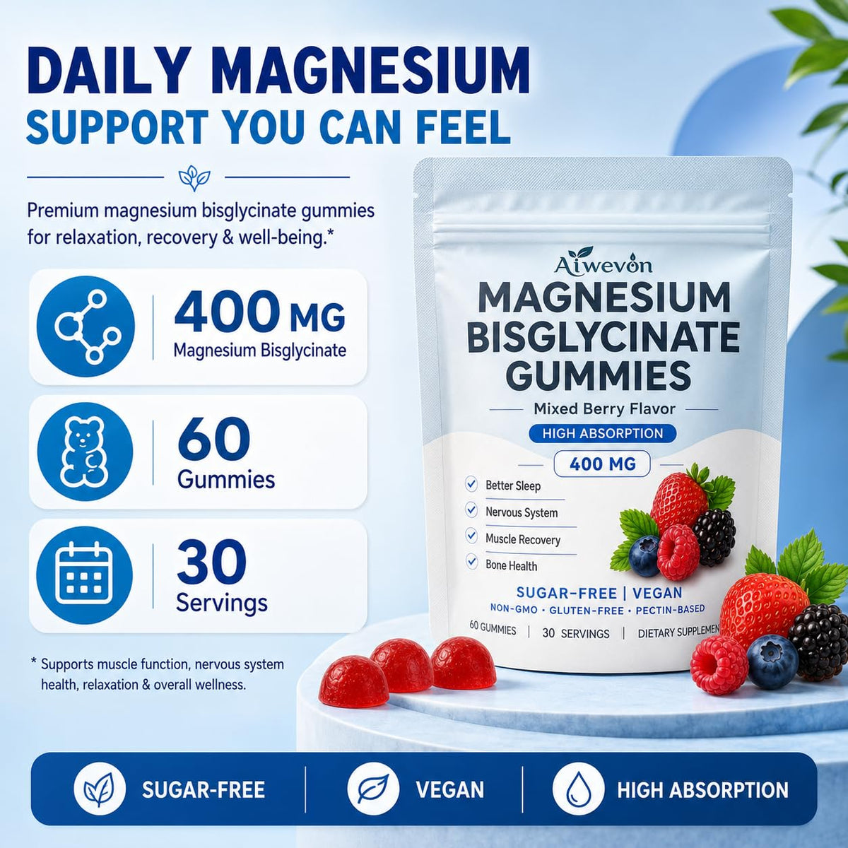 Gummies de magnésium Aiwevon près d'un ordinateur au bureau