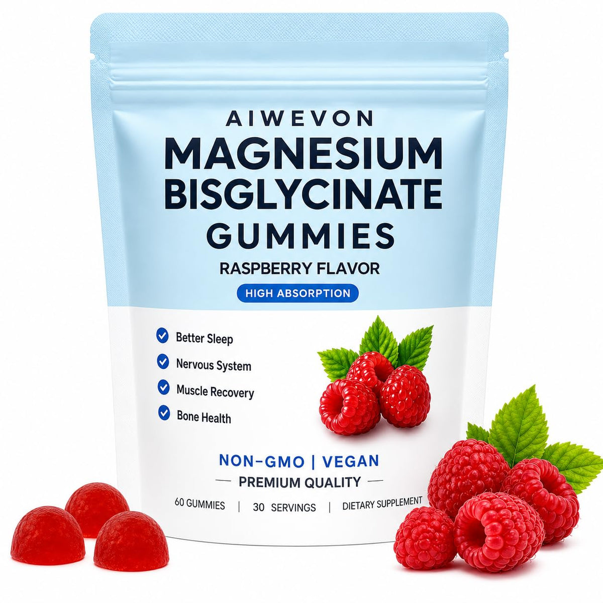 Gummies de magnésium bisglycinate Aiwevon 400mg saveur framboise vue de face