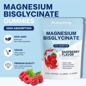 Gummies de magnésium bisglycinate ALongDeng avec poudre de framboise, vue de haut