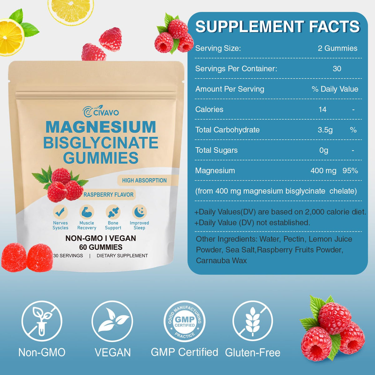 Gummies de magnésium bisglycinate Civavo, affichage des informations nutritionnelles