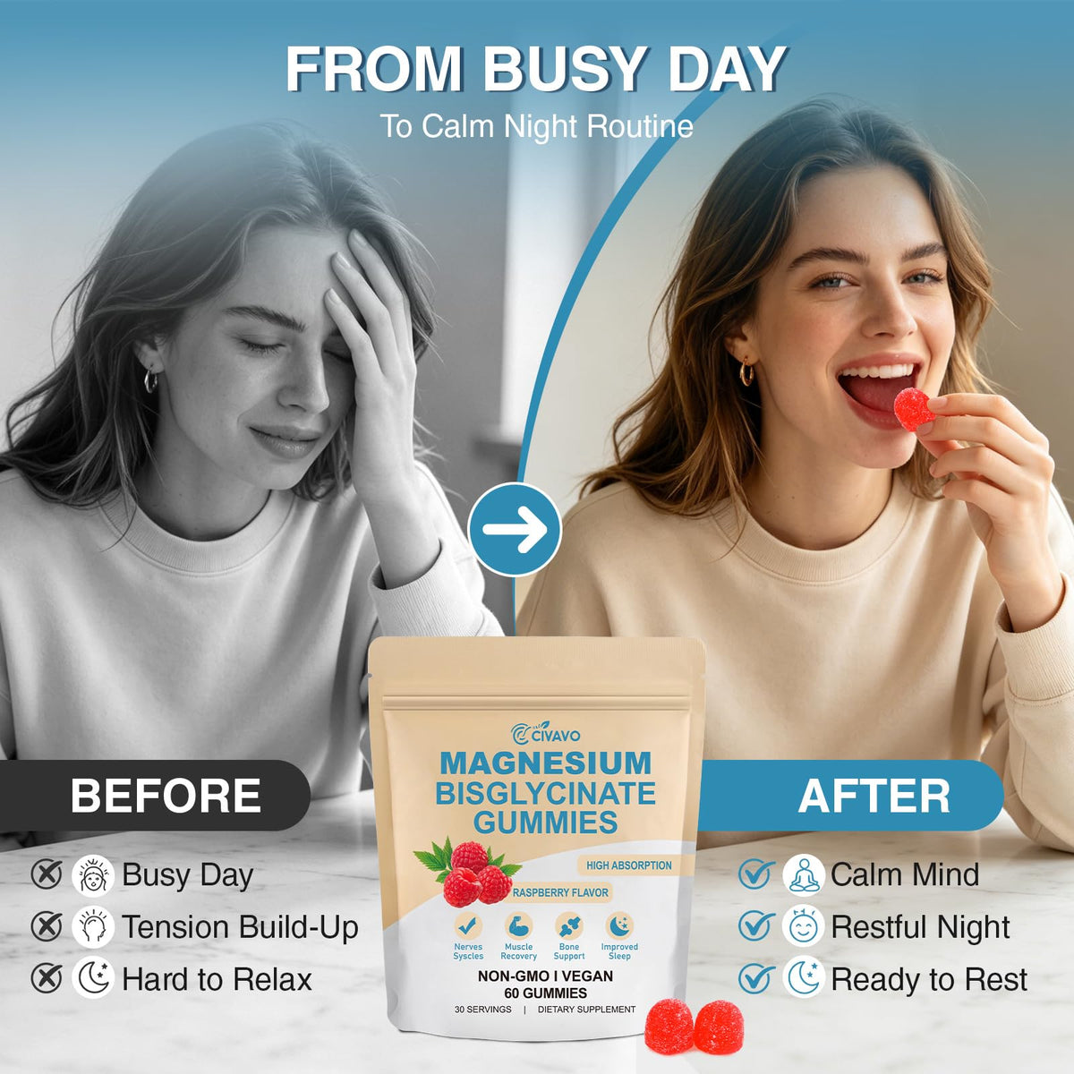 Gummies de magnésium bisglycinate Civavo dans une main, format pratique