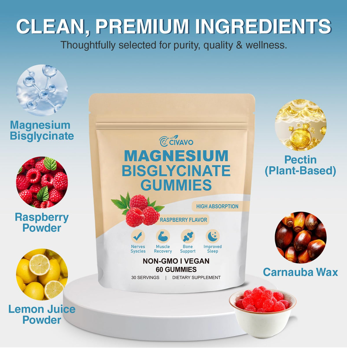 Gummies de magnésium bisglycinate Civavo, présentation avec une cuillère