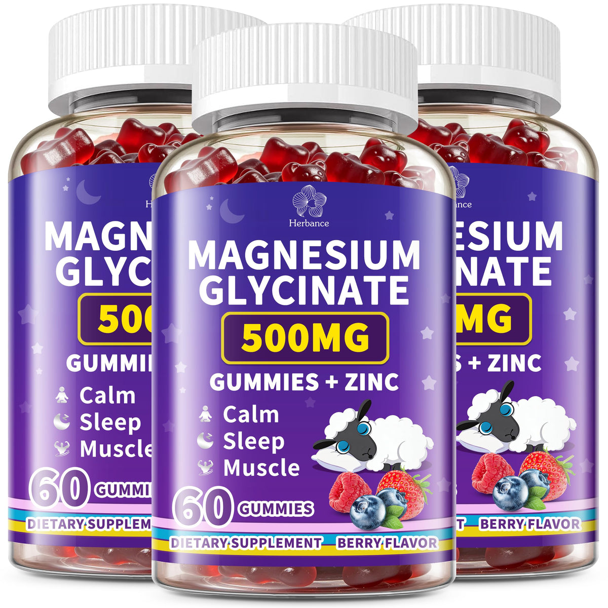 Gummies de magnésium bisglycinate Herbance, 500mg, pack de 3