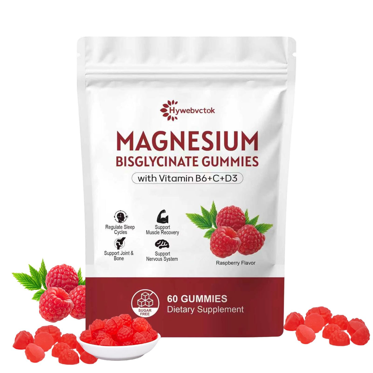 Gummies de magnésium bisglycinate Hywebvctok en boîte, saveur framboise