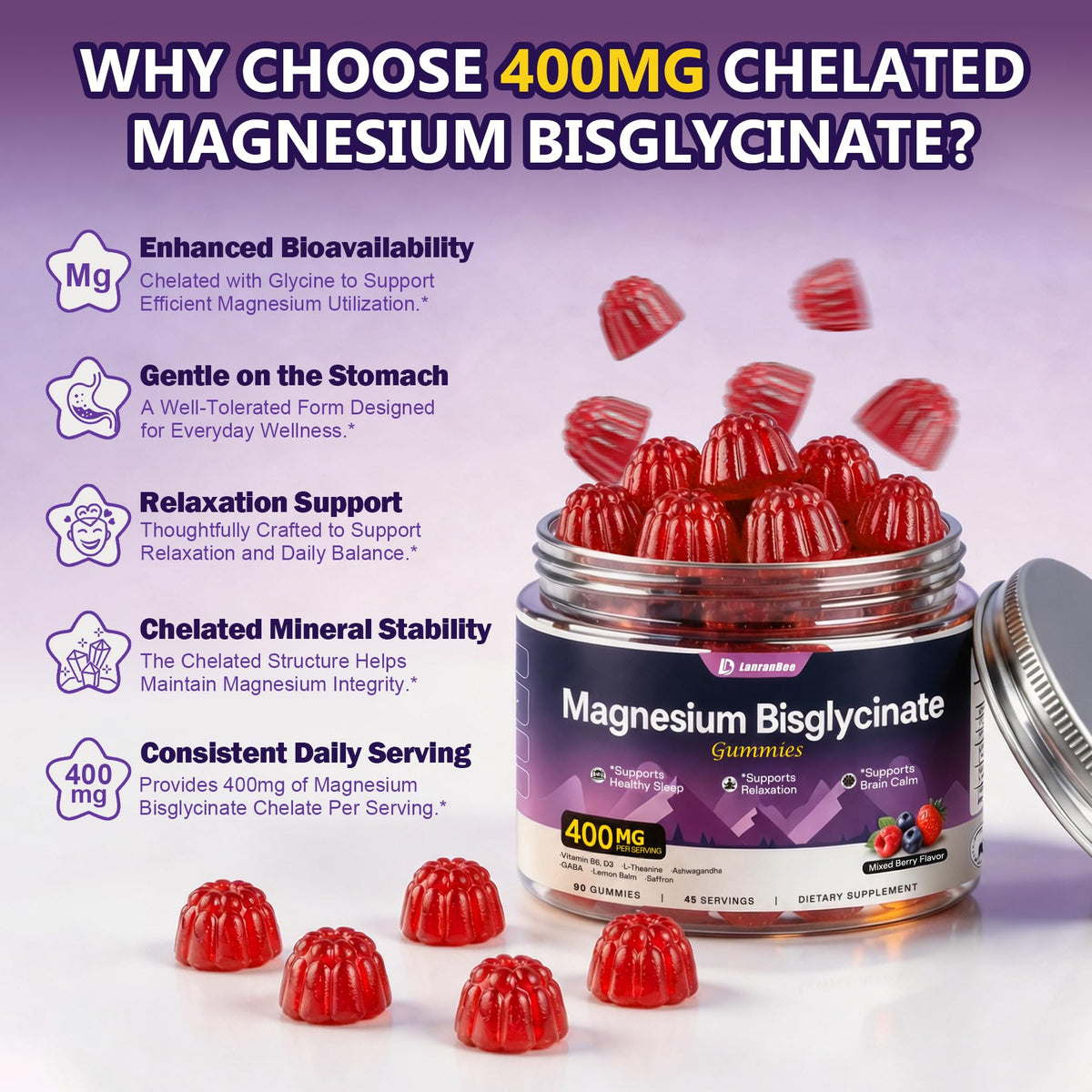 Gummies de Magnésium Bisglycinate LanranBee, flacon ouvert avec gummies visibles