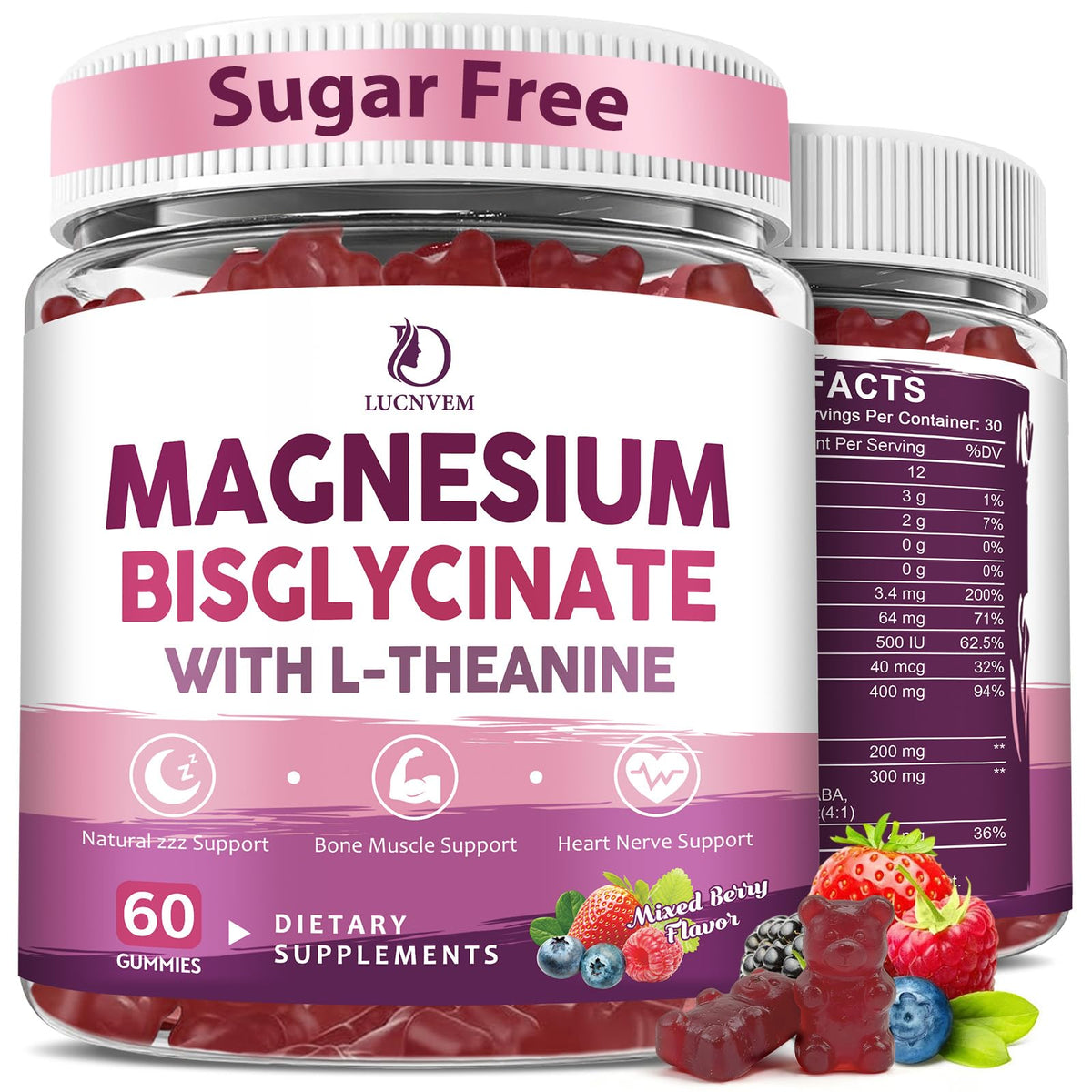 Gummies de Magnésium Bisglycinate LUCNVEM en pot, vue de face