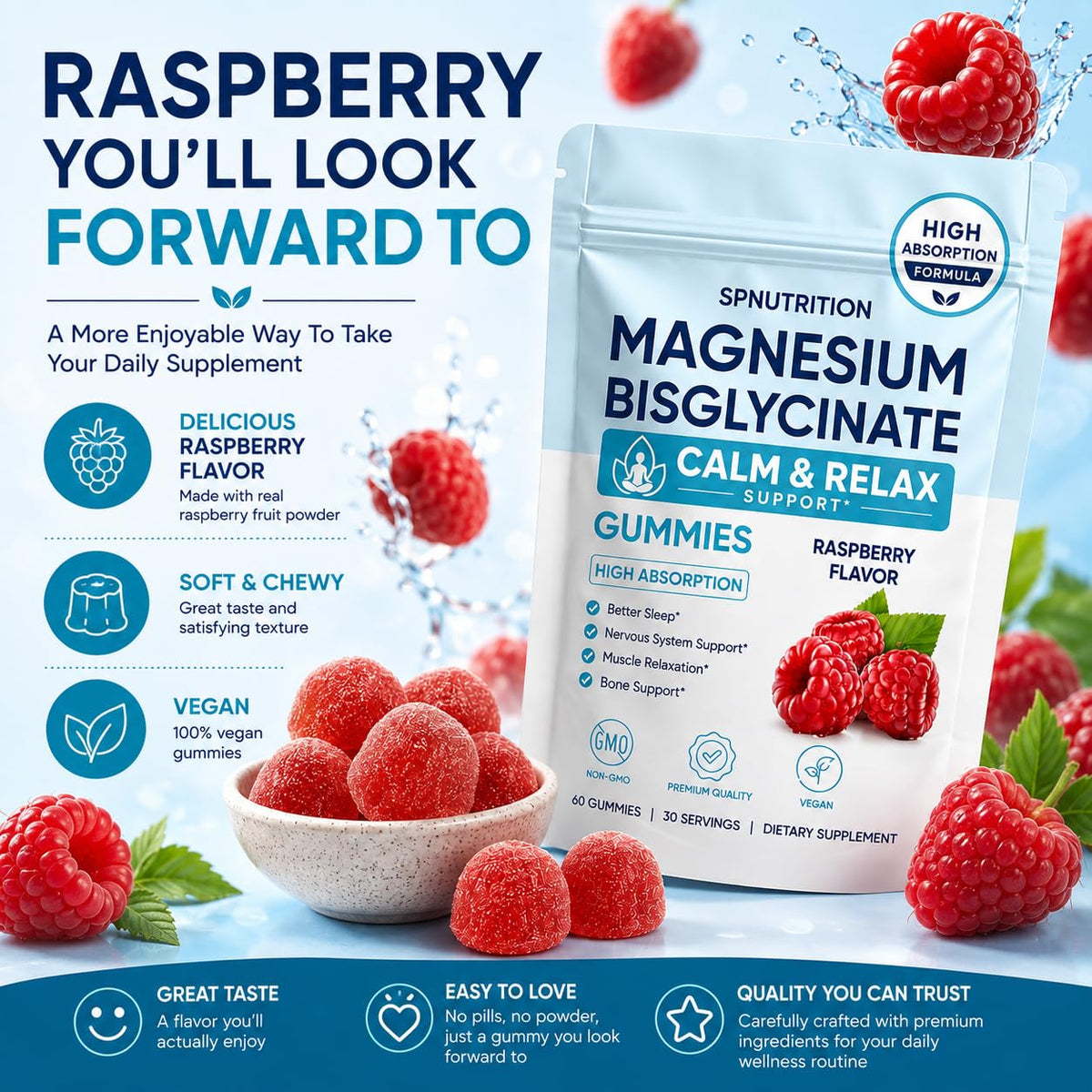 Gummies de magnésium bisglycinate SPNUTRITION avec framboise