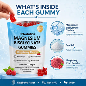 Gummies de magnésium bisglycinate SPNUTRITION montrant le format et le dosage