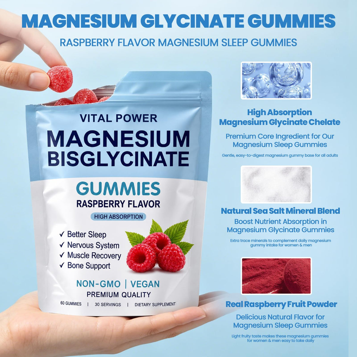 Gummies de Magnésium Bisglycinate WXZQQ sur une table avec des framboises
