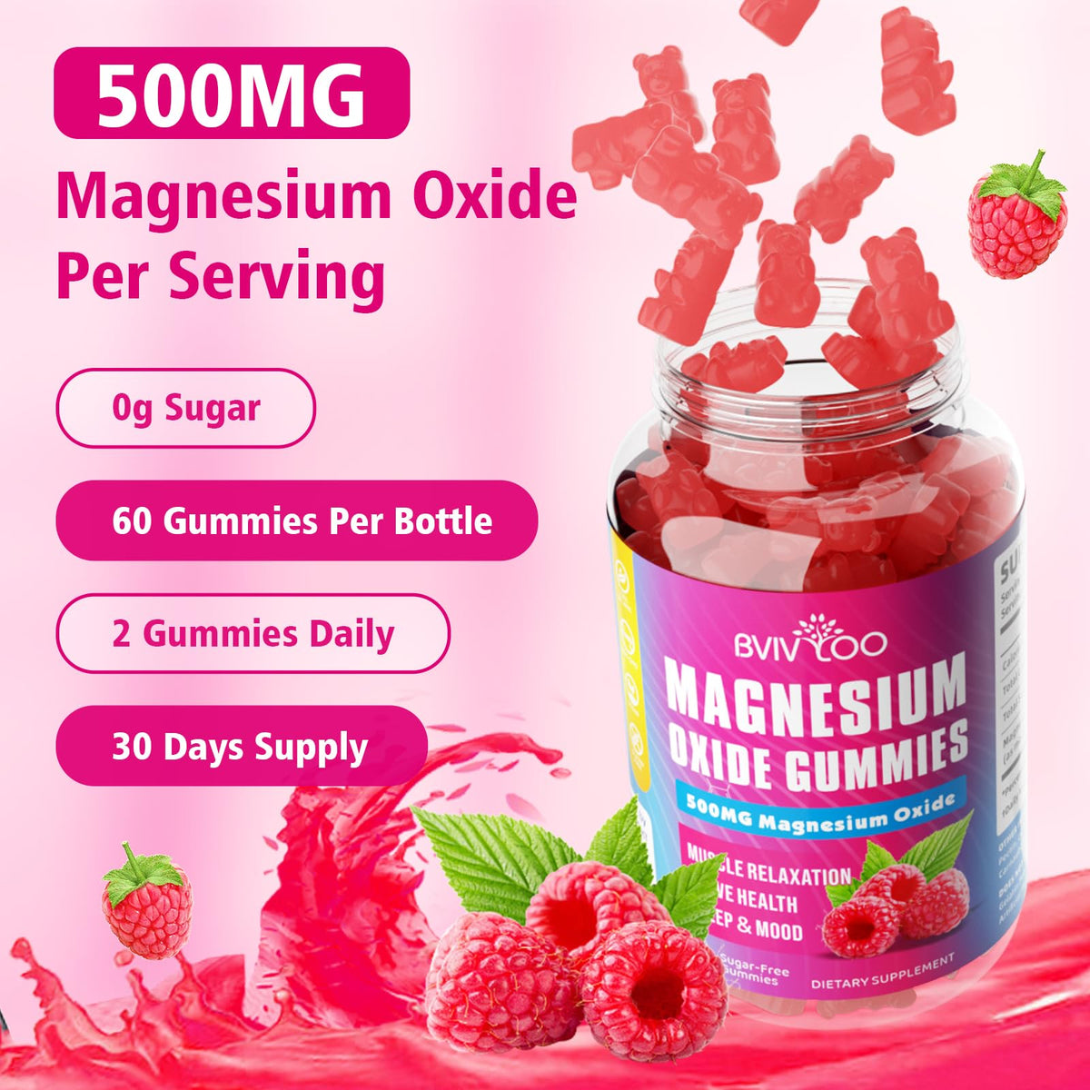 Gummies de Magnésium BVIVLOO, présentation du produit avec un verre d'eau