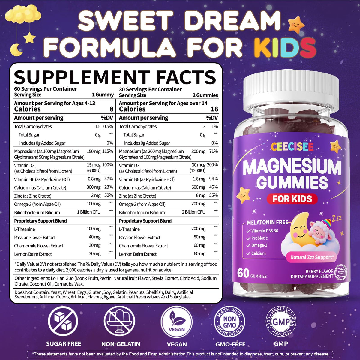 Gummies de Magnésium Ceecisee pour enfants, côté avec ingrédients