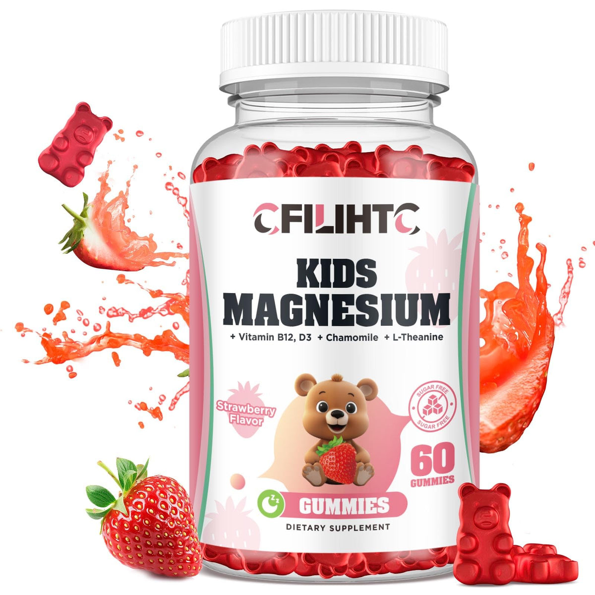 Gummies de magnésium CFILIHTC pour enfants, 60 unités, saveur fraise
