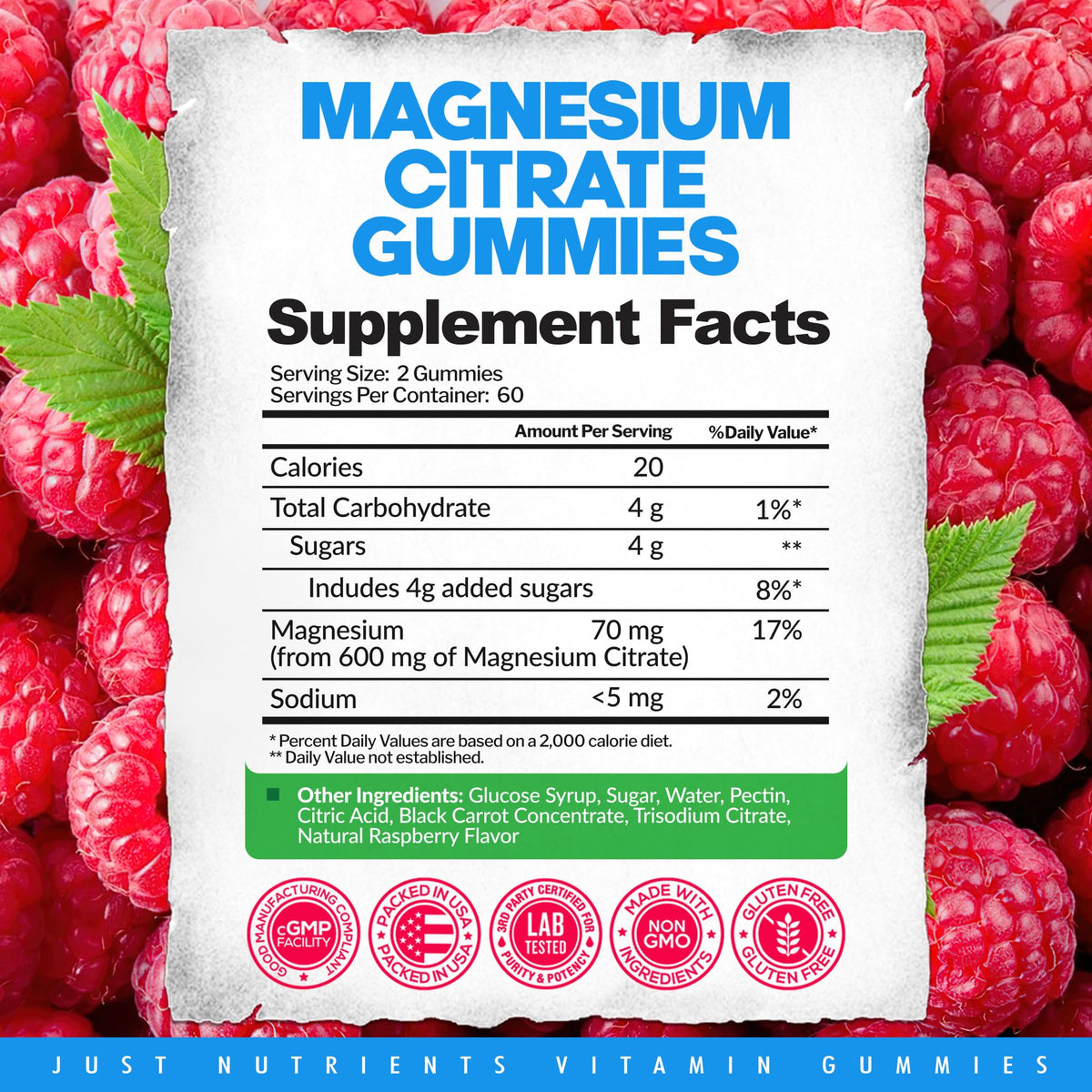 Gummies de Magnésium Citrate 600mg avec des framboises fraîches