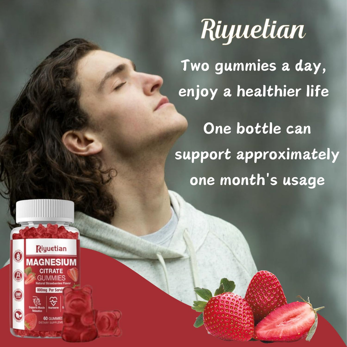 Gummies de magnésium de Riyuetian avec des fruits en arrière-plan