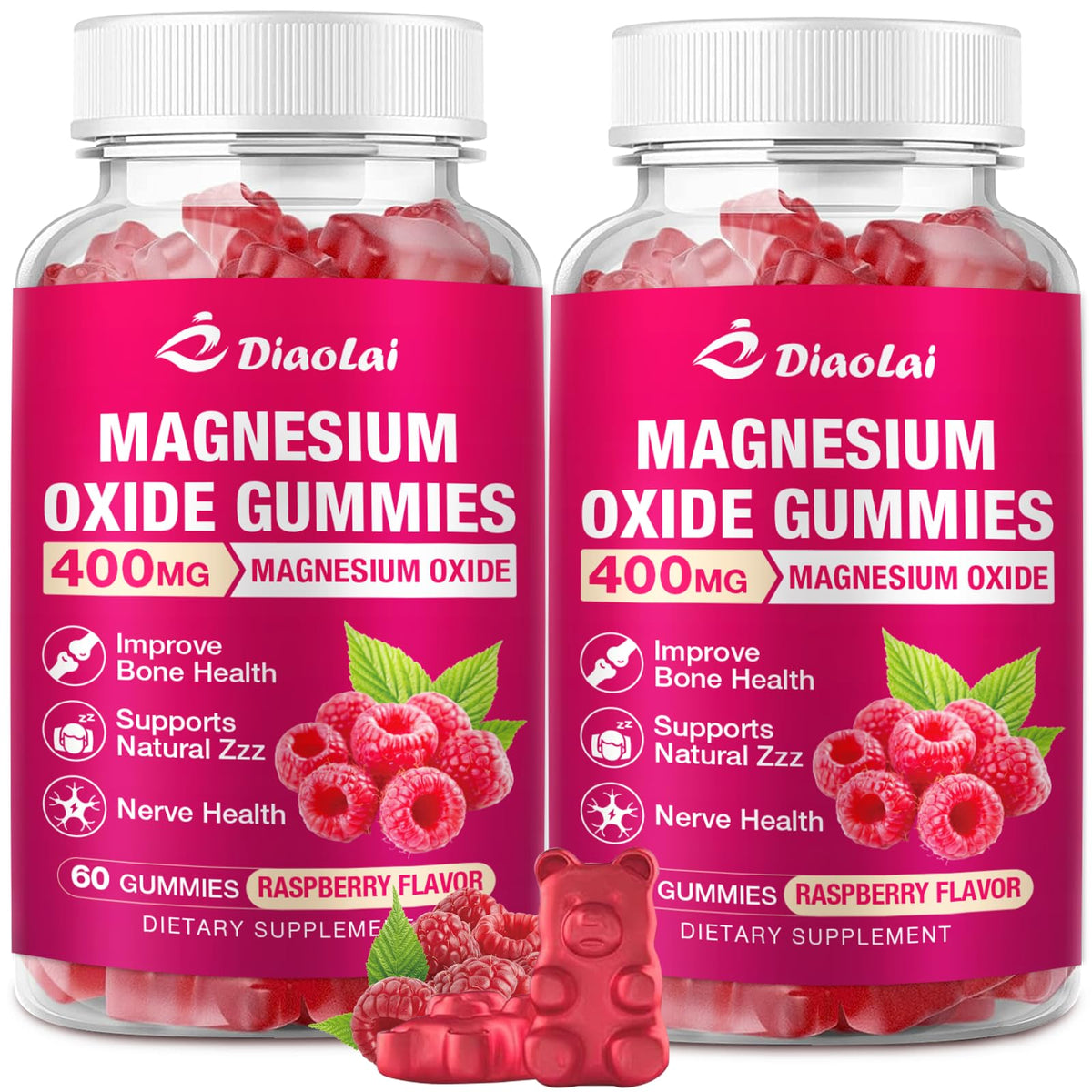 Gummies de magnésium DIAOLAI 400mg, 120 compotes framboise, vue de face