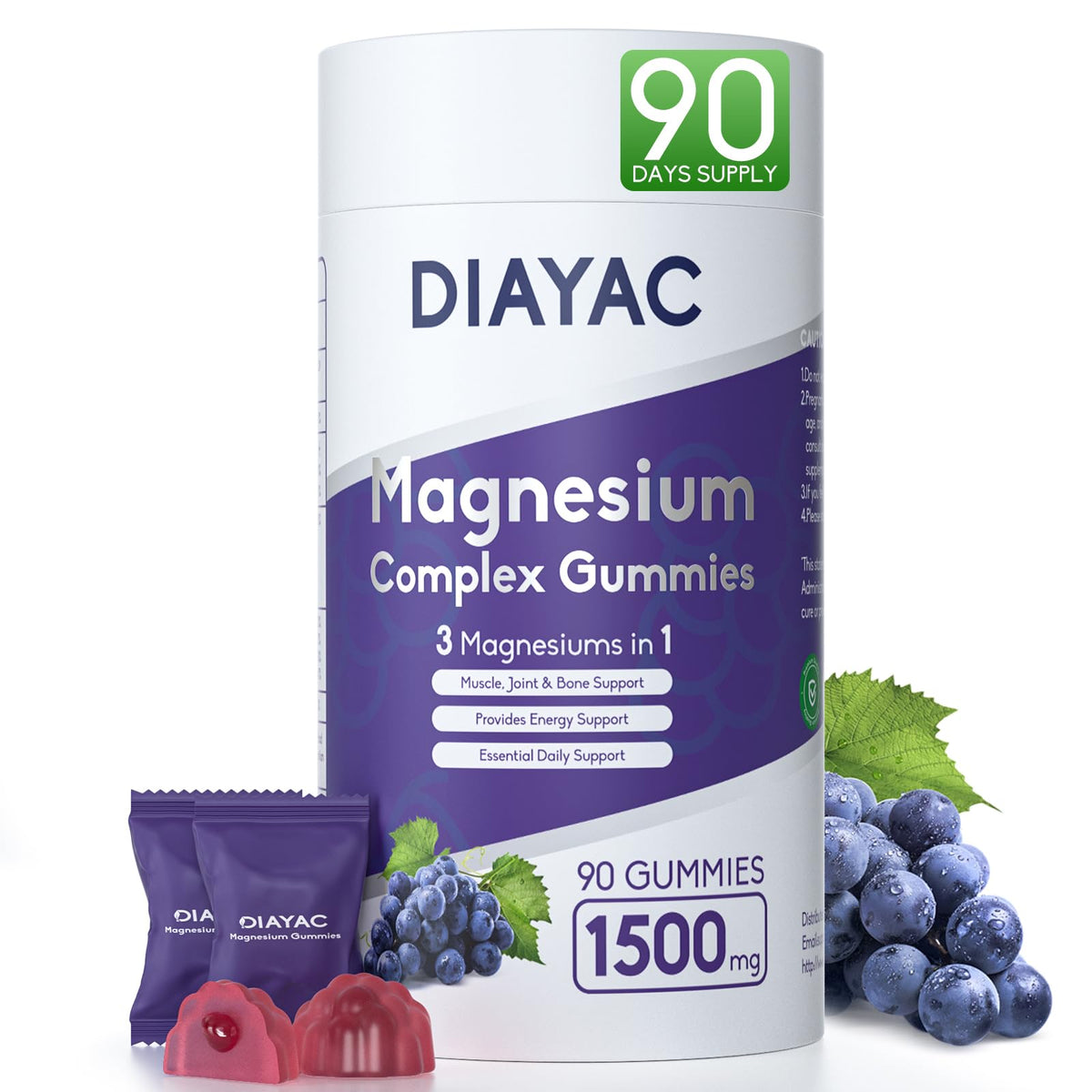 Gummies de magnésium DIAYAC, pot de 90 chews, saveur raisin