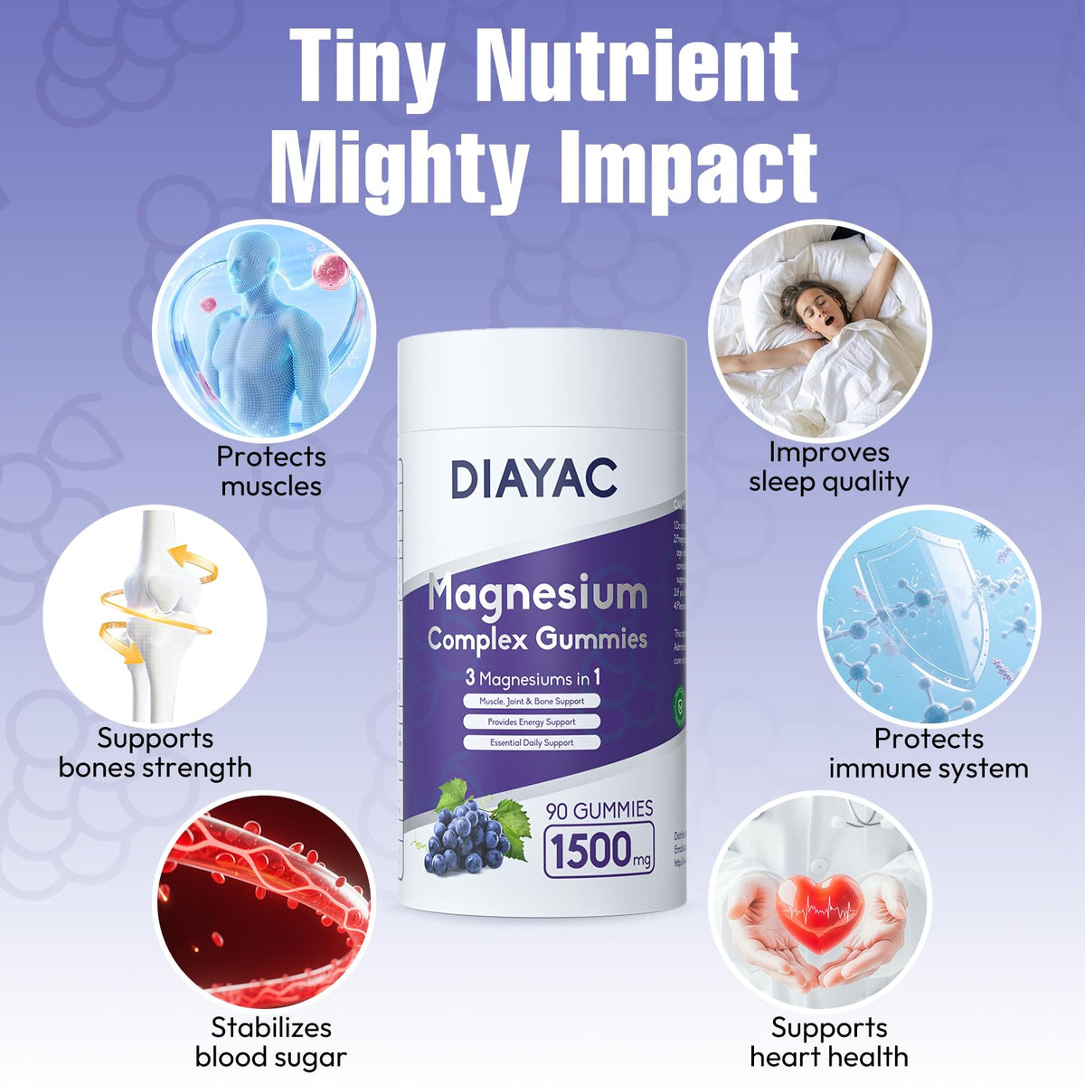 Gummies de magnésium DIAYAC, présentation avec d'autres compléments