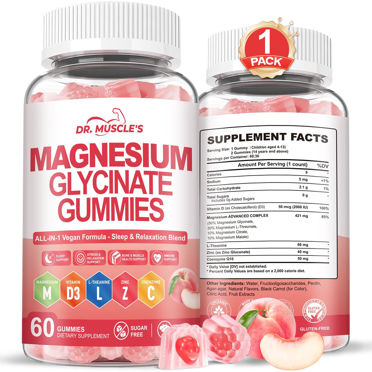 Gummies de Magnésium DR. MUSCLE'S 421 mg, vue avant de la bouteille