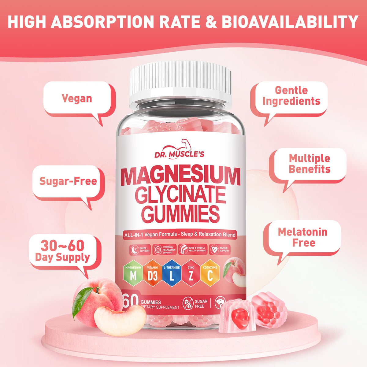 Gummies de Magnésium DR. MUSCLE'S, présentation des gummies sur une table