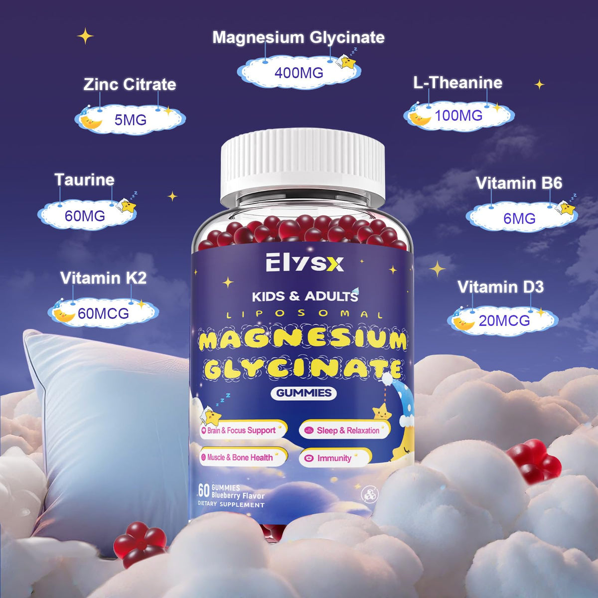 Gummies de magnésium Elysx, 400mg, avec un fond coloré