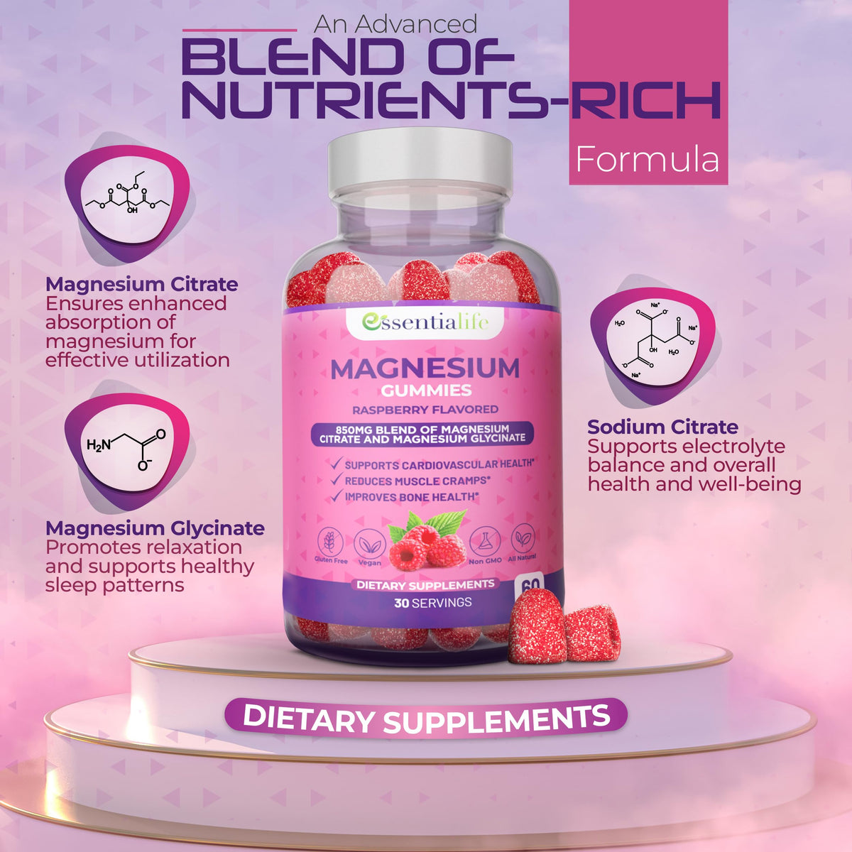 Gummies de magnésium Essentialife avec deux flacons