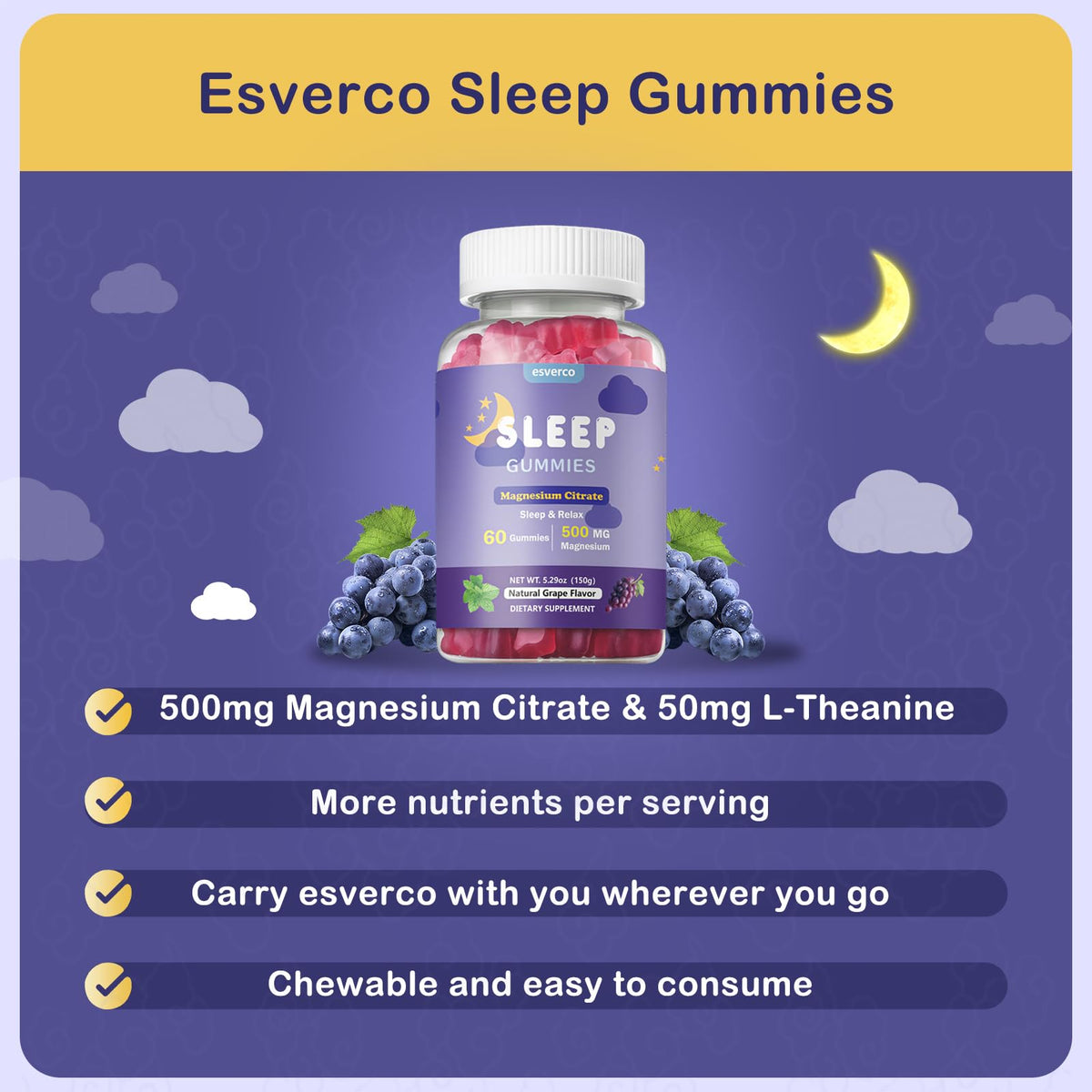 Gummies de magnésium esverco, vue de côté de l'emballage