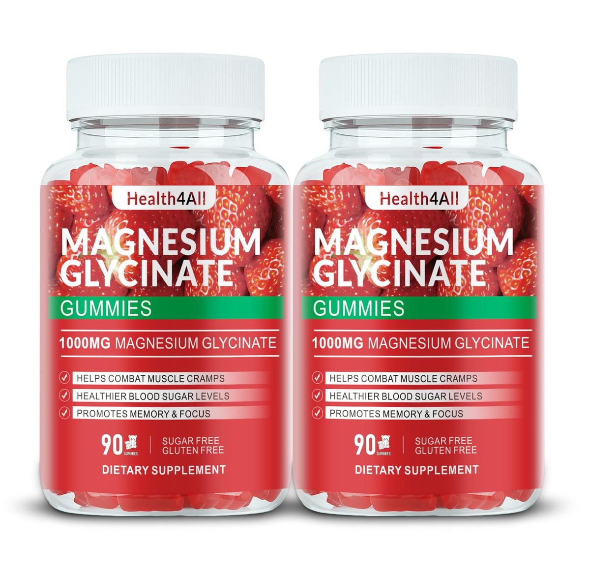 Gummies de Magnésium Glycinate 1000mg Health4All, pot de 180 gummies à la fraise