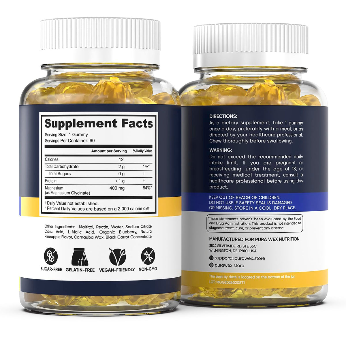 Gummies de magnésium glycinate 400mg PURA WEX NUTRITION avec d'autres compléments alimentaires