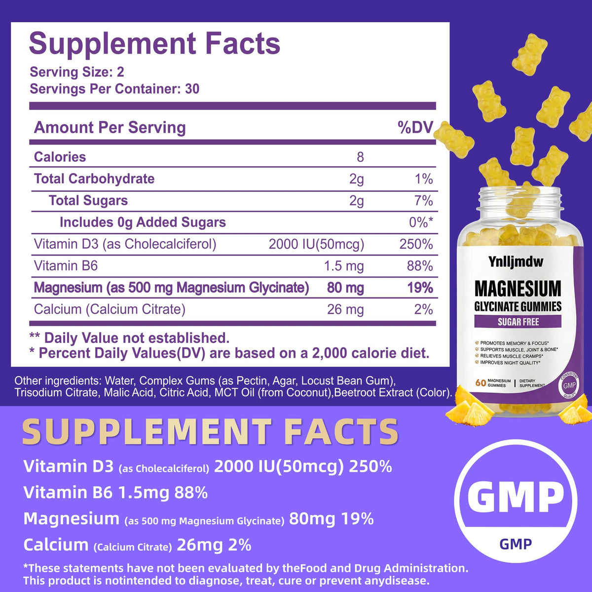 Gummies de magnésium glycinate 500mg de Ynlljmdw, illustration du dosage par portion